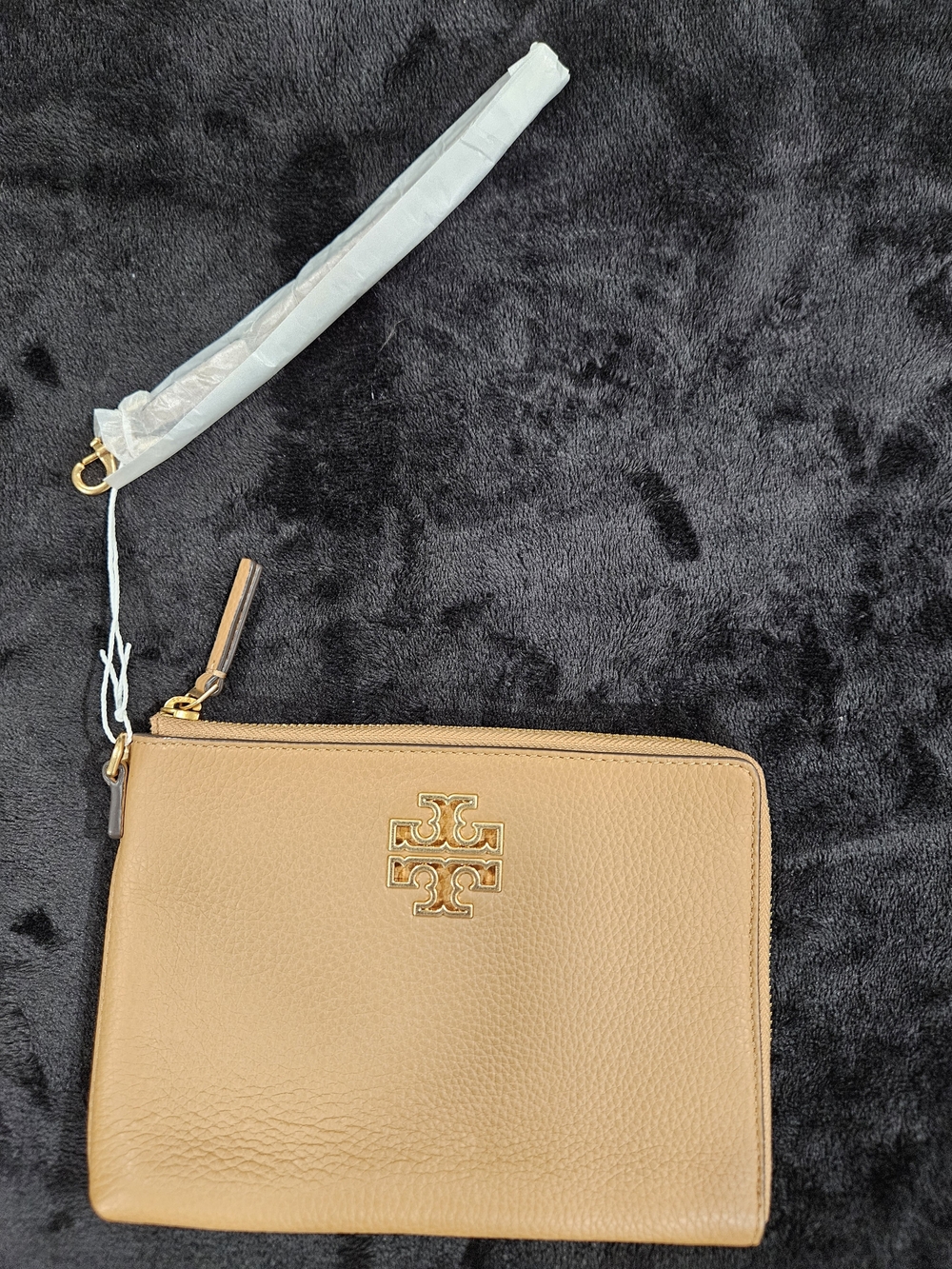 Tory Burch Camel Leather Wristlet with Gold Logo